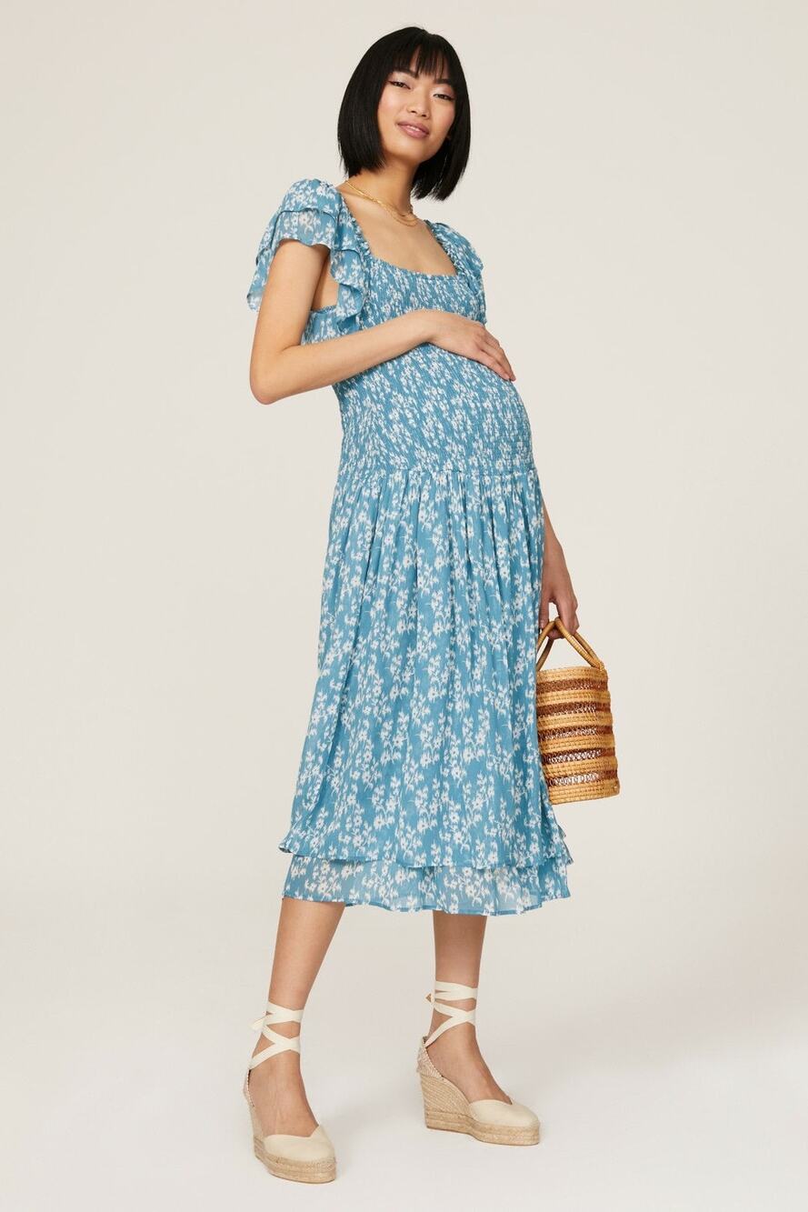 Hatch The Cosette Blue Floral Print Smocked Square Neck Maternity Midi Dress M
